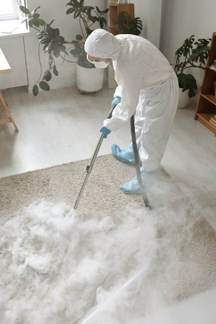 A professional cleaner from Croydon Carpet Cleaning is performing deep surface cleaning on a beige carpet inside a well-lit living room. The cleaner is dressed in full protective gear, including a white coverall, gloves, a face mask, and shoe covers, ensuring sanitisation and hygiene during the cleaning process. They are using a portable steam cleaning machine with a long wand to extract dirt and dust from the carpet fibers, which appears damp and in the process of being cleaned thoroughly. The room features natural lighting from a large window, with white walls, a wooden side table, and several potted plants contributing to a clean and inviting atmosphere. The process indicates a focus on deep cleaning and sanitisation, aligning with the services provided by Croydon Carpet Cleaning, aimed at maintaining healthy, spotless domestic surfaces.