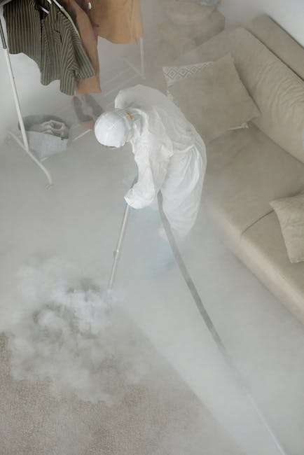 A professional cleaning process is underway in a residential living room, where a person dressed in protective gear, including a white suit and face covering, is using a steam or fogging device to sanitise the carpet and surrounding surfaces. The room features a beige sofa with several cushions, a wooden coat rack with hanging clothes, and a visible tiled floor. The lighting appears natural, highlighting the cleanliness and freshness being achieved through deep cleaning and sanitisation carried out by Croydon Carpet Cleaning, as part of their same-day service for flood and leak recovery in Croydon.